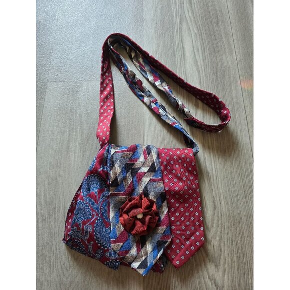 Handmade Upcycled Tie Purse With Red Floral Accent - Picture 1 of 7